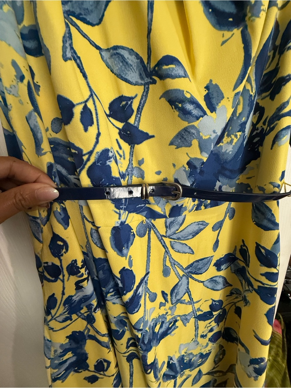 Signature Yellow Dress with Blue Floral Pattern and Belt - Picture 6 of 7